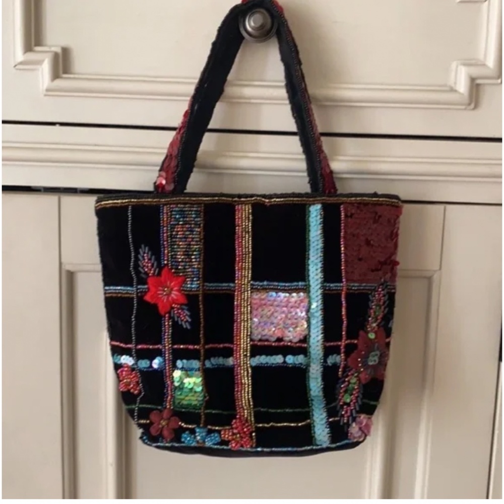 🪞 NEW Mini velvet beaded embroidered tote carry top handle handbag  black multi